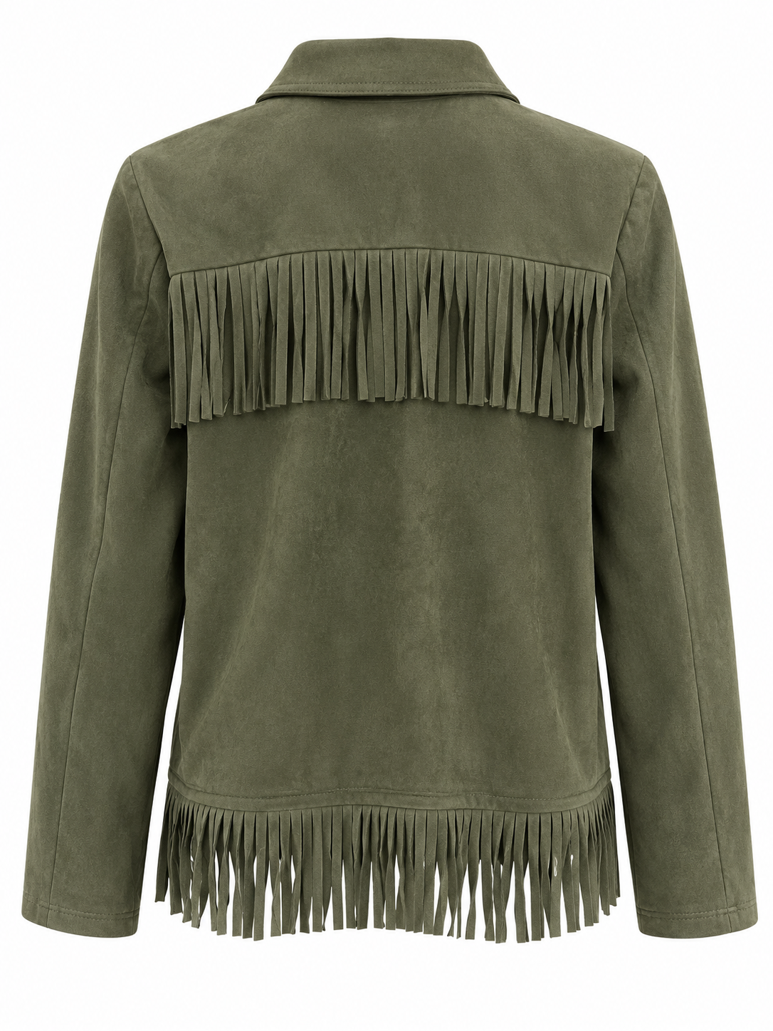 An olive green suede jacket with fringe detailing across the chest and hem, shown from the back on a white background.