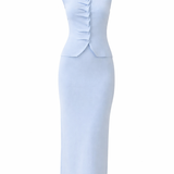 Light blue dress with ruffled neckline on a white background