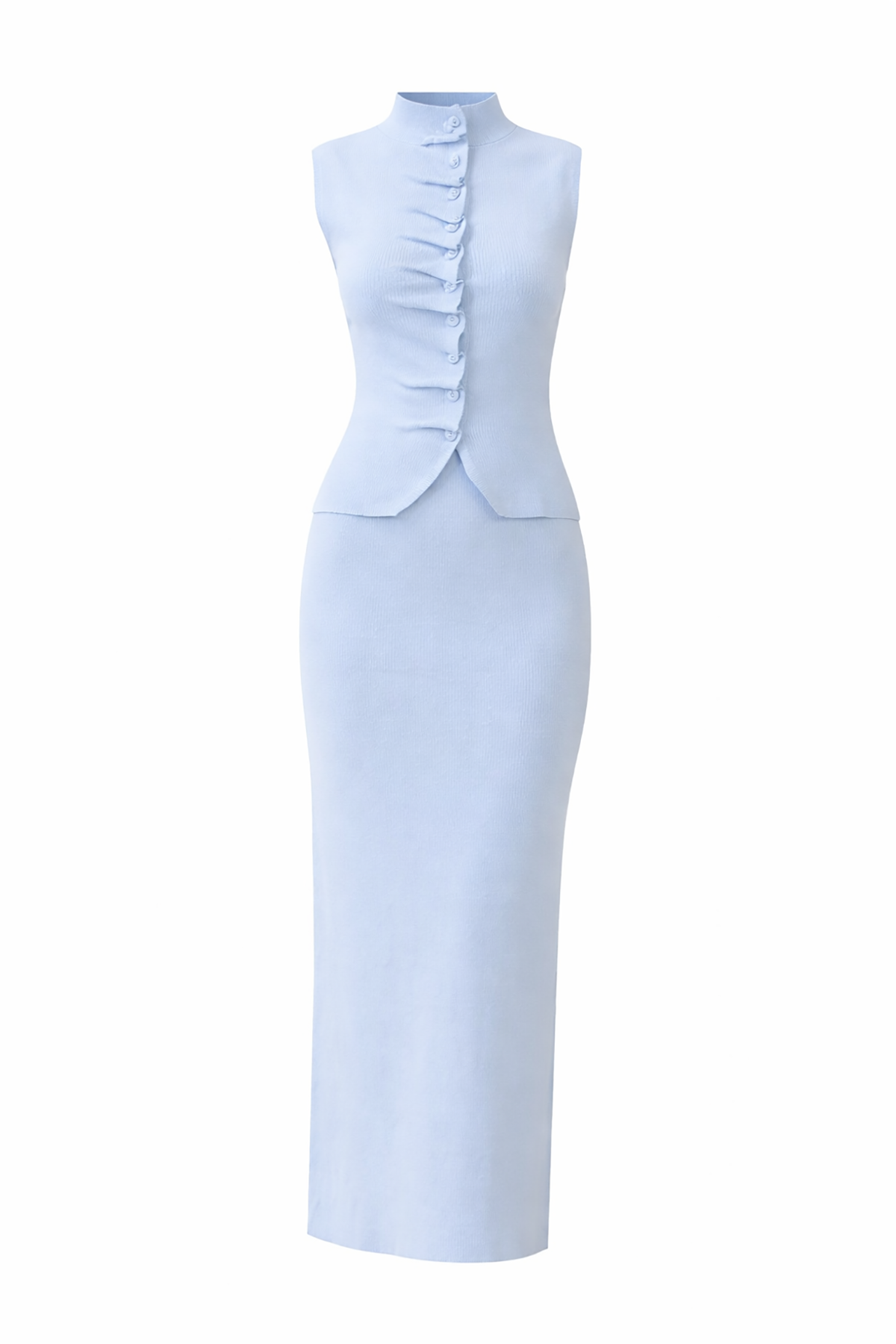 Light blue dress with ruffled neckline on a white background