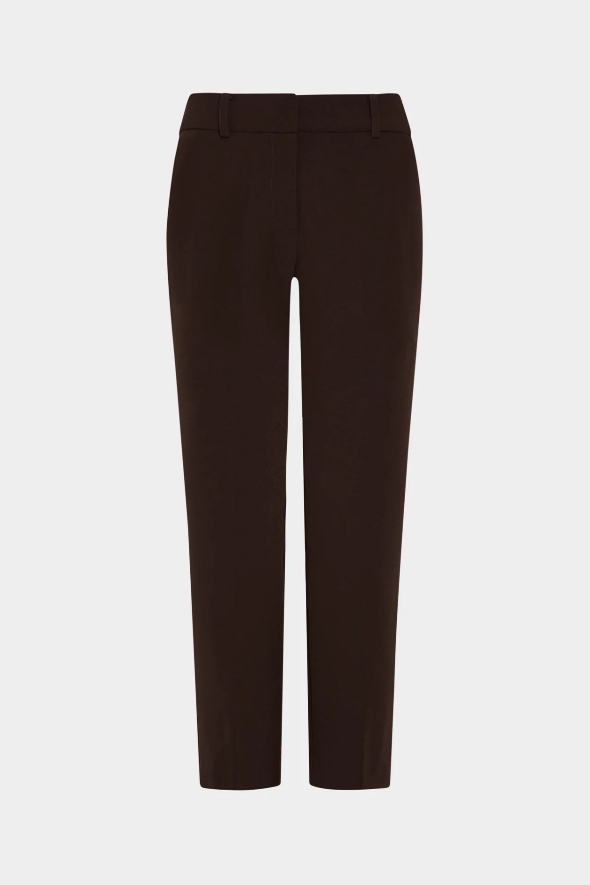Dark brown cropped trousers shown flat against a light gray background.