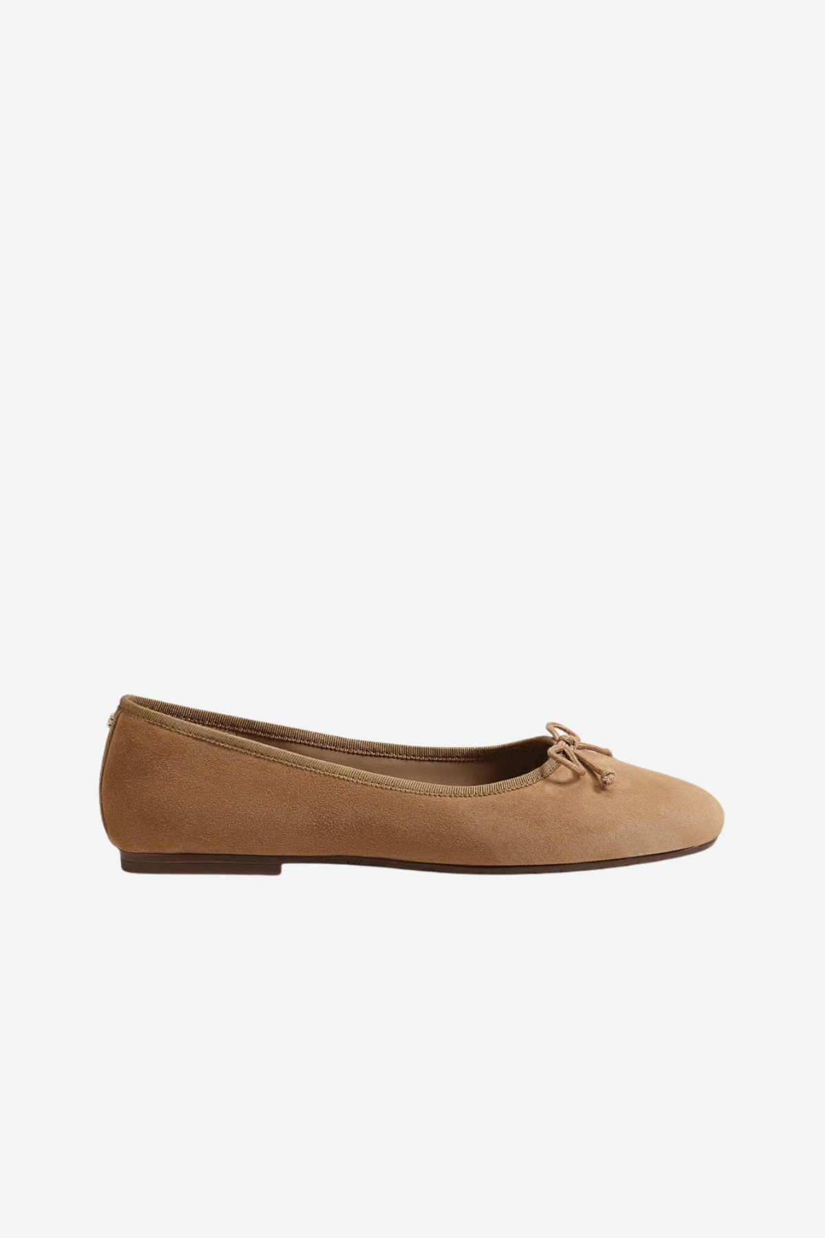 A single tan suede ballet flat shoe with a small matching fabric bow on the toe, shown in profile against a plain white background.