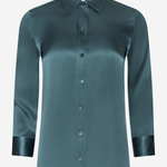 A long-sleeve satin button-up shirt in a muted teal-green color, featuring a pointed collar, dark buttons, and contrasting dark green satin cuffs, shown against a plain light gray background.