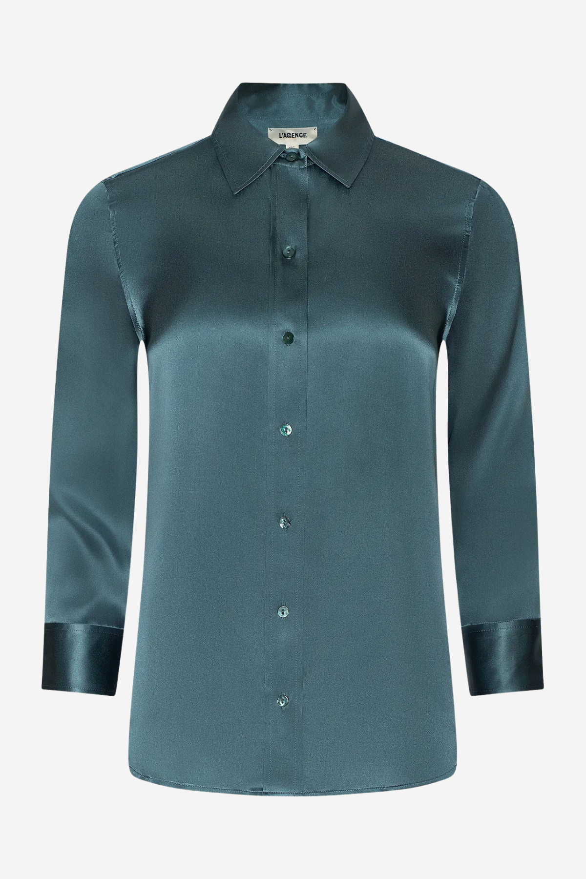 A long-sleeve satin button-up shirt in a muted teal-green color, featuring a pointed collar, dark buttons, and contrasting dark green satin cuffs, shown against a plain light gray background.