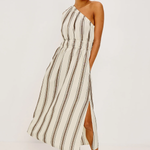 Woman wearing a striped one-shoulder dress on a white background