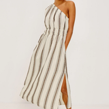 Woman wearing a striped one-shoulder dress on a white background