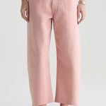 Person wearing pink pants and brown shoes on a white background