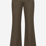 A pair of dark brown flared jeans with a faded wash, featuring classic five-pocket styling and a button closure, shown against a plain light gray background.