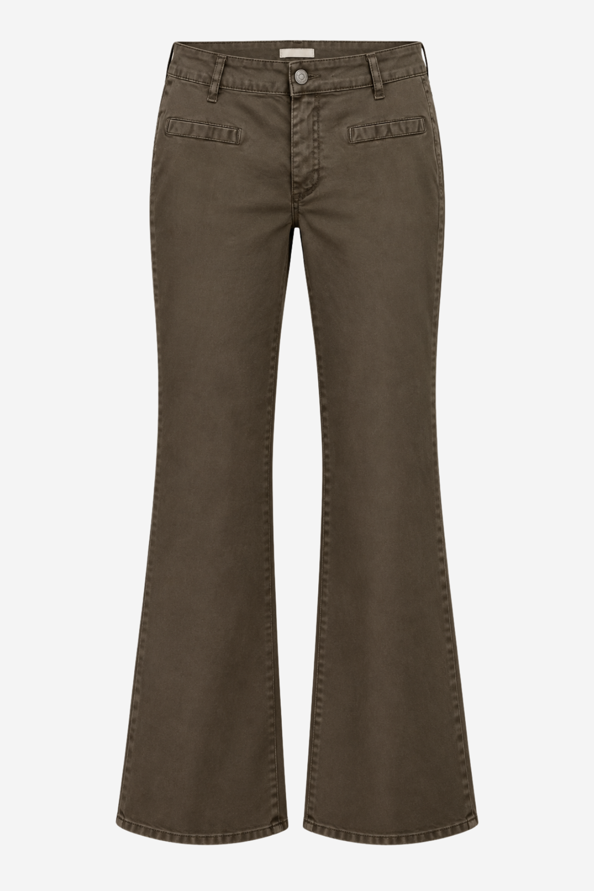 A pair of dark brown flared jeans with a faded wash, featuring classic five-pocket styling and a button closure, shown against a plain light gray background.