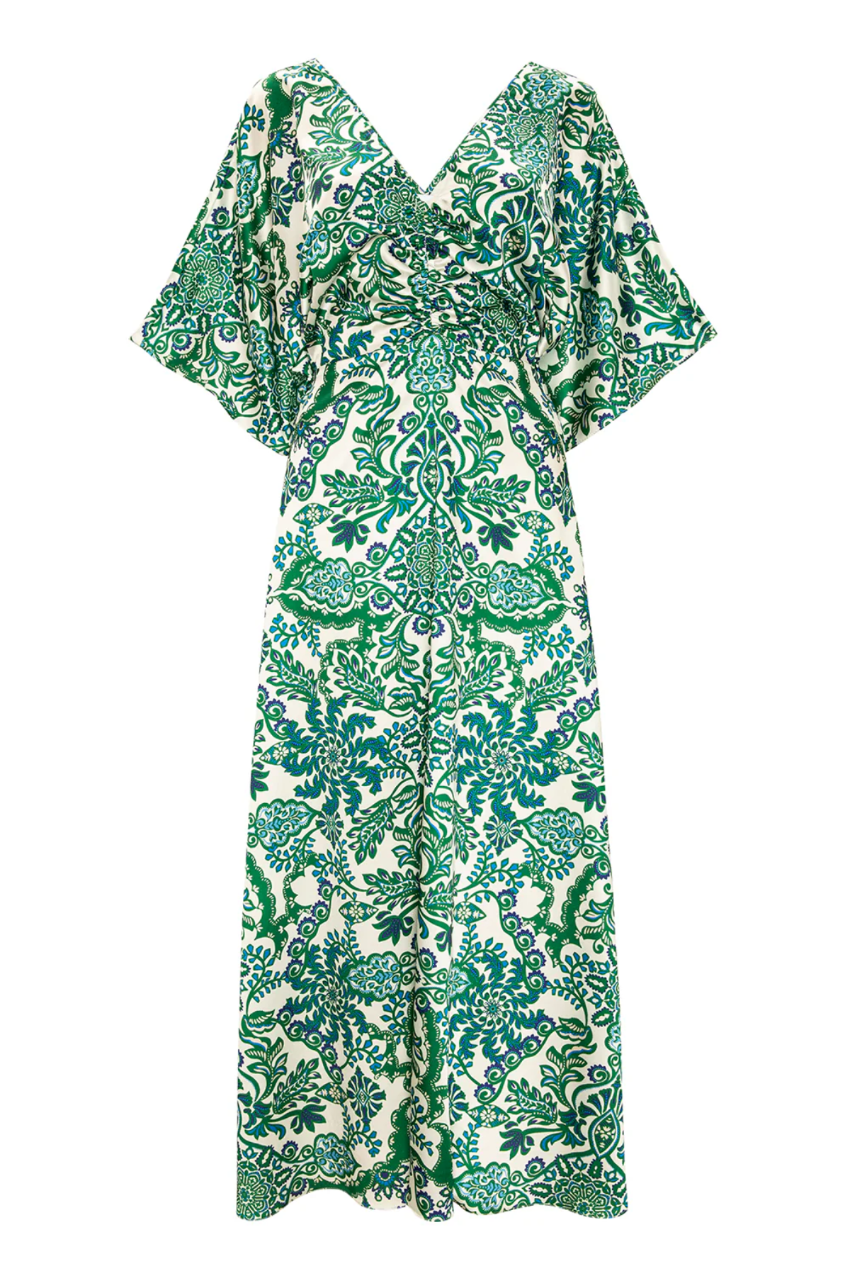 Green and white patterned dress on a white background