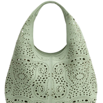 Green handbag with laser-cut pattern on a white background