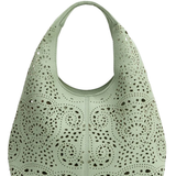 Green handbag with laser-cut pattern on a white background