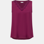 A sleeveless magenta top with a V-neckline and matching lace trim, displayed on a clean light gray background.