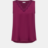 A sleeveless magenta top with a V-neckline and matching lace trim, displayed on a clean light gray background.