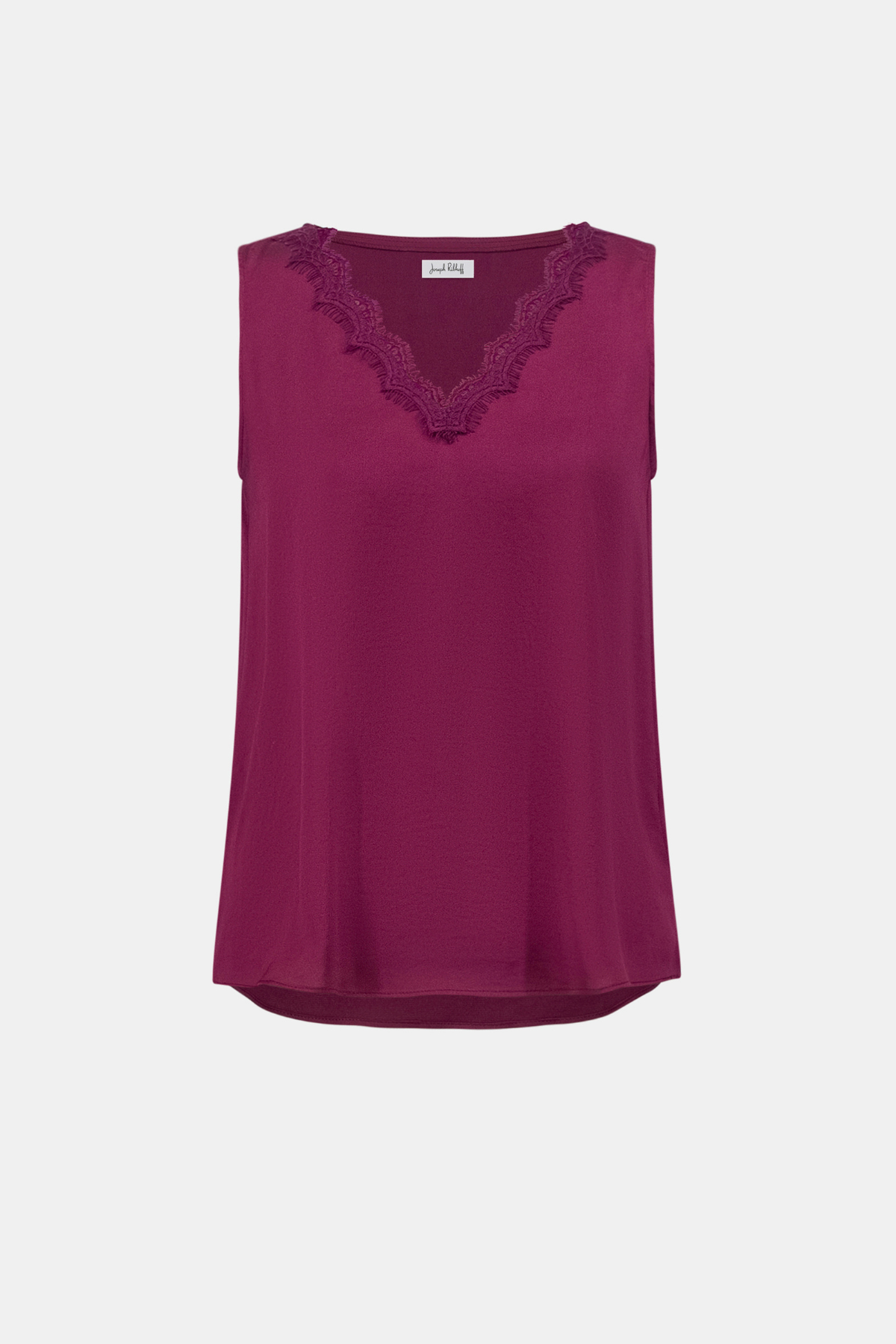 A sleeveless magenta top with a V-neckline and matching lace trim, displayed on a clean light gray background.