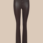 Dark brown faux-leather flare pants displayed on a headless mannequin against a solid beige background.