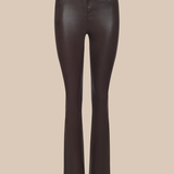 Dark brown faux-leather flare pants displayed on a headless mannequin against a solid beige background.