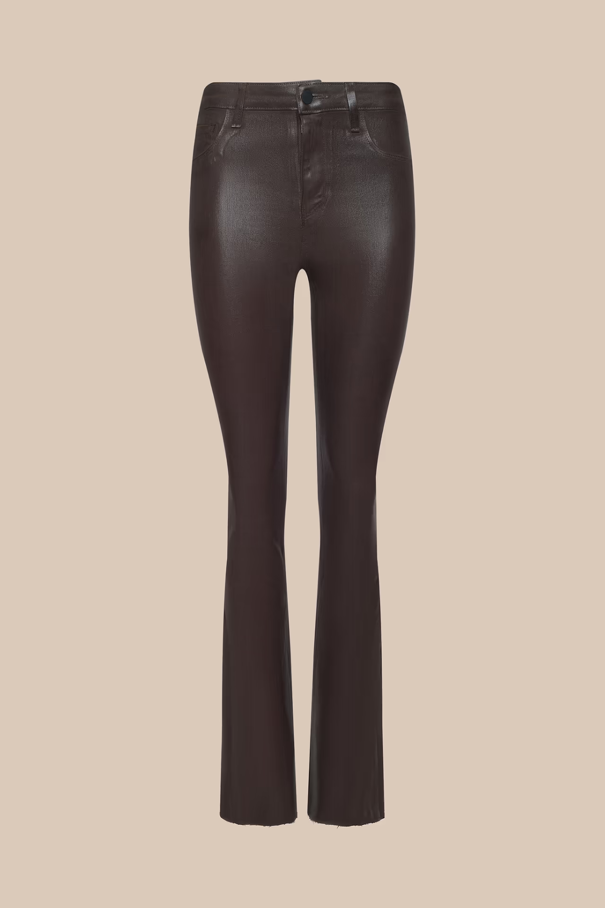 Dark brown faux-leather flare pants displayed on a headless mannequin against a solid beige background.