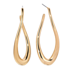 A pair of gold-toned teardrop-shaped hoop earrings with a polished finish, displayed against a solid white background.