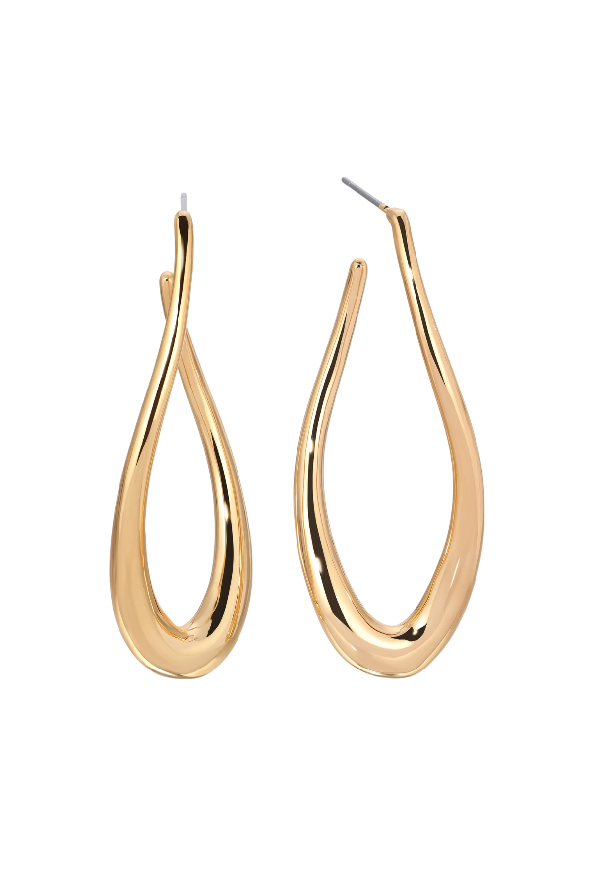 A pair of gold-toned teardrop-shaped hoop earrings with a polished finish, displayed against a solid white background.