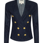 Navy blazer with gold buttons on a white background