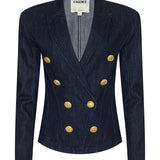 Navy blazer with gold buttons on a white background