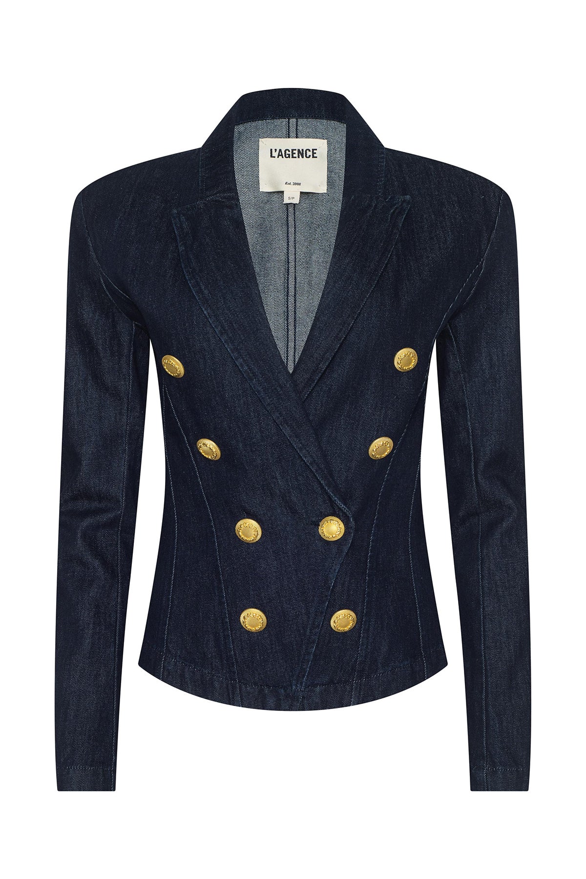 Navy blazer with gold buttons on a white background