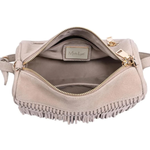 A light beige suede fringe bag shown open from the front, displaying its interior lining and a gold-tone zipper. A brand label reading 'Mia Lee' is visible inside.