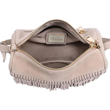 A light beige suede fringe bag shown open from the front, displaying its interior lining and a gold-tone zipper. A brand label reading 'Mia Lee' is visible inside.
