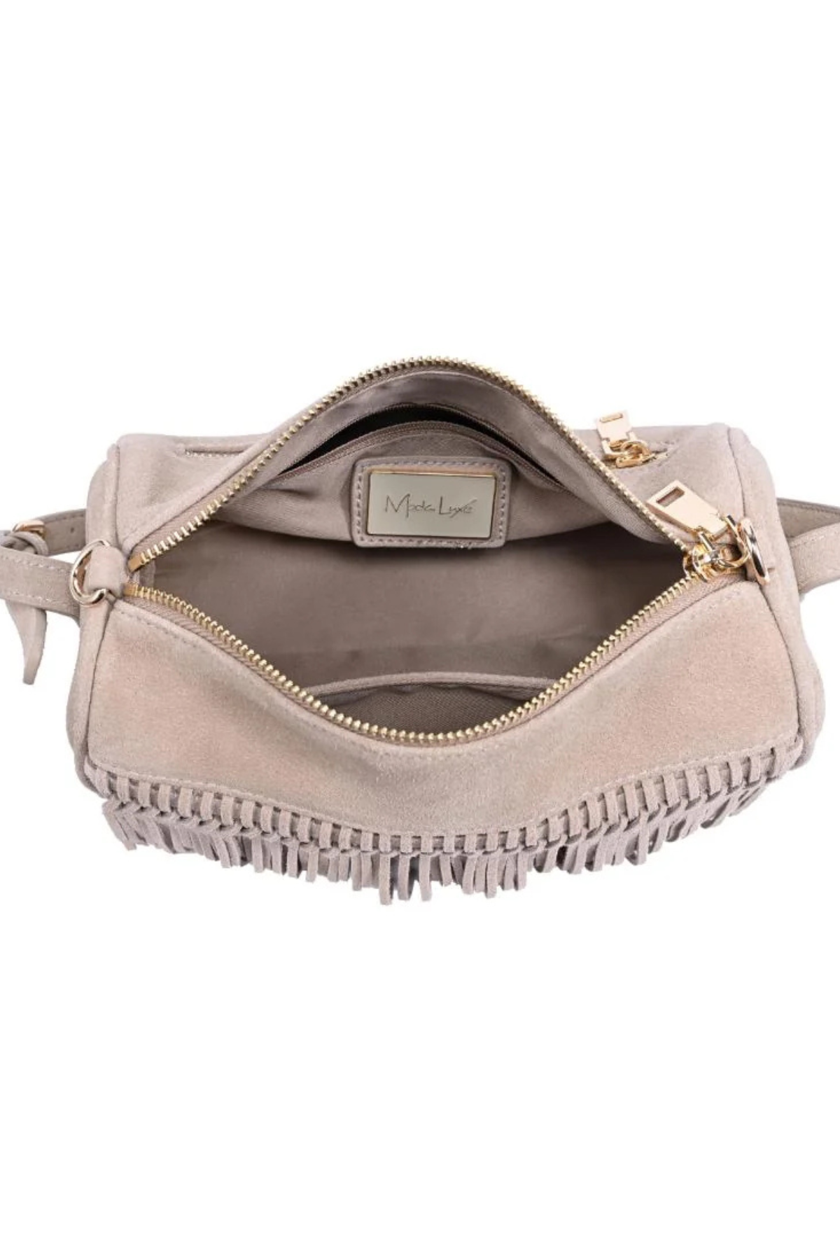 A light beige suede fringe bag shown open from the front, displaying its interior lining and a gold-tone zipper. A brand label reading 'Mia Lee' is visible inside.