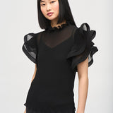 Chiffon Pleated Top With Ruffled Sleeves