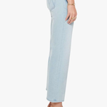 Light blue jeans worn by a person on a white background