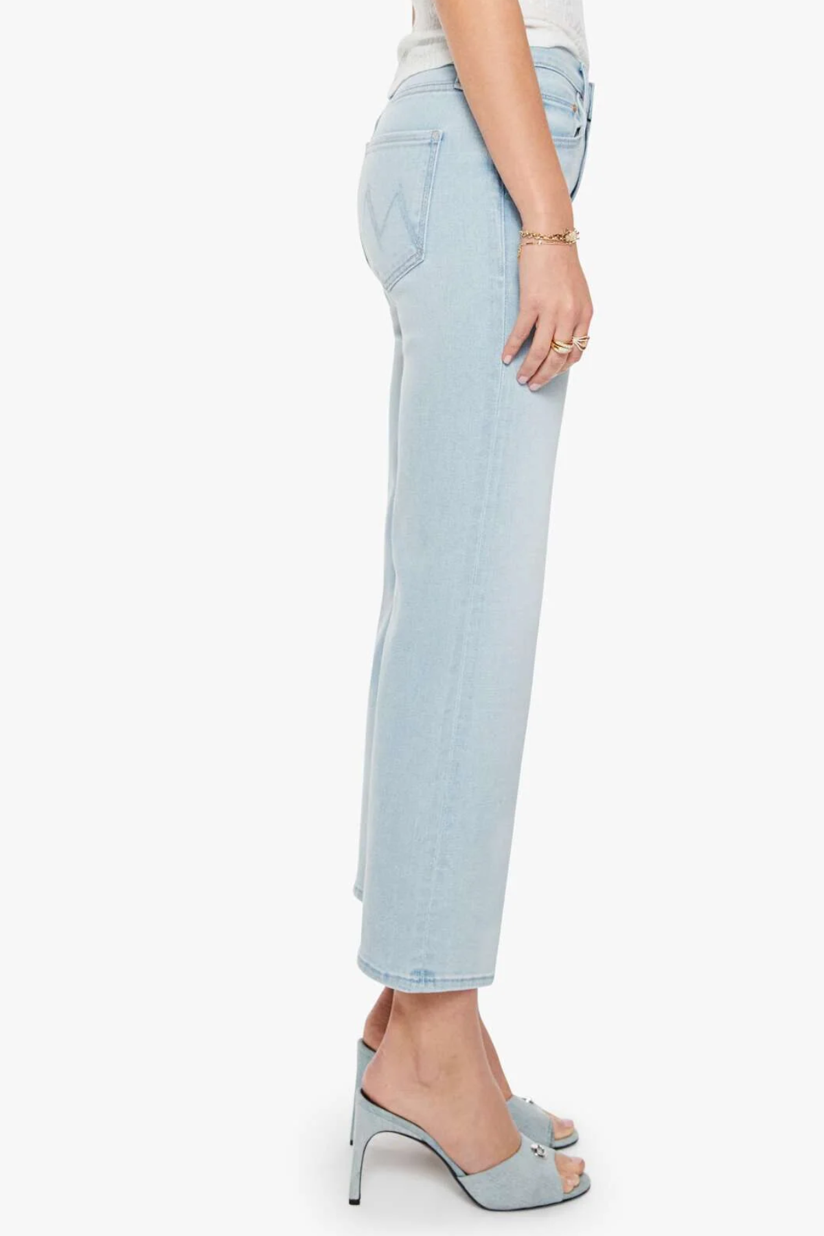 Light blue jeans worn by a person on a white background