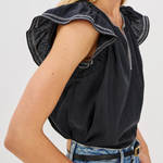 Black top with ruffled shoulders worn by a person on a white background