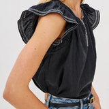 Black top with ruffled shoulders worn by a person on a white background