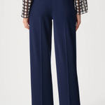 Model wearing navy scuba crepe pull-on wide-leg pants.