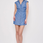 Model wearing a sleeveless striped mini dress with a relaxed fit and classic blue-and-white stripe pattern.