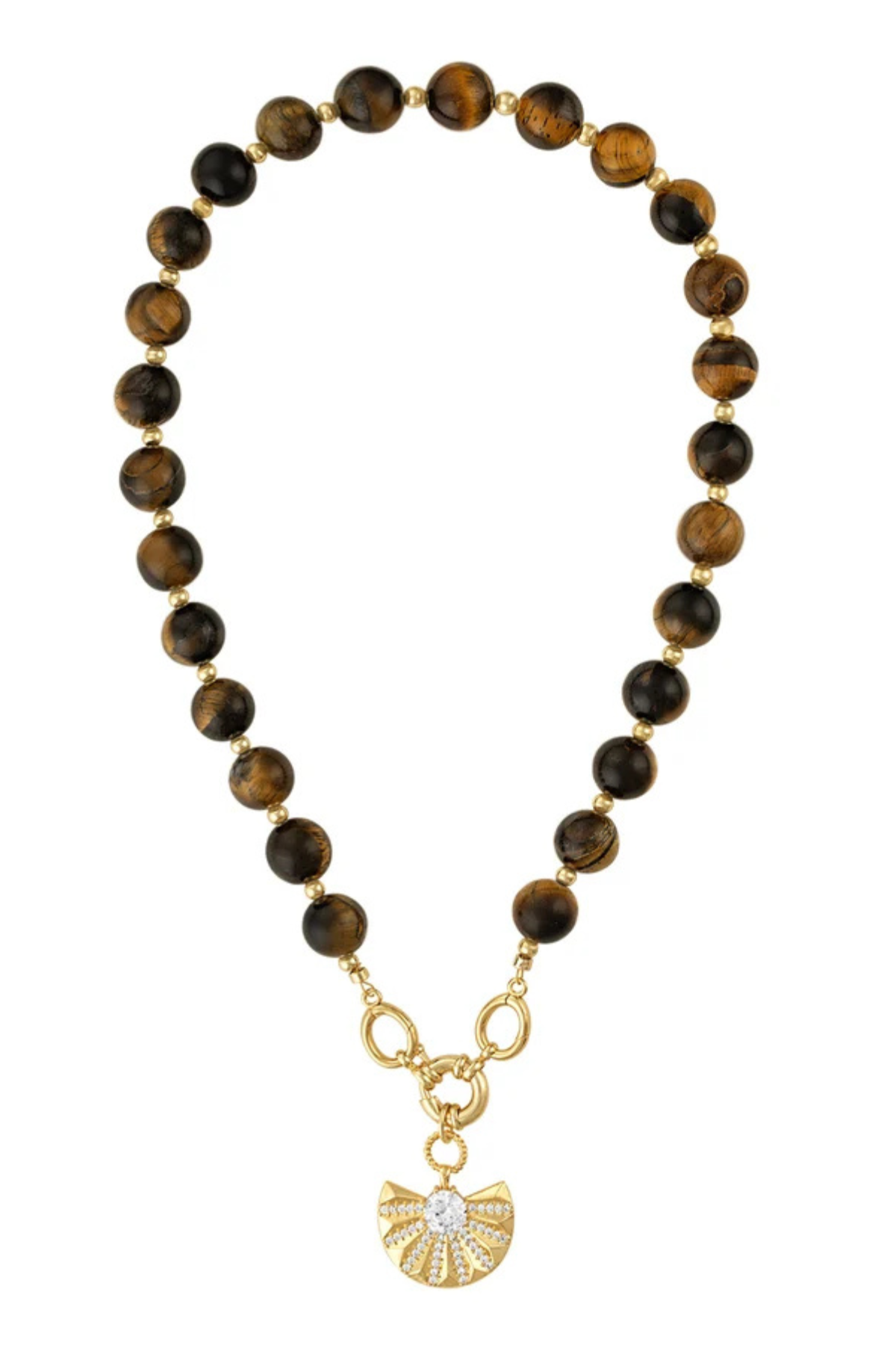 A beaded necklace featuring round brown and black tiger's eye beads with gold spacer rings, connected by a gold chain with a gold-tone pendant.
