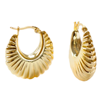 A pair of gold-toned textured hoop earrings with a ribbed, scalloped design, shown on a plain white background.