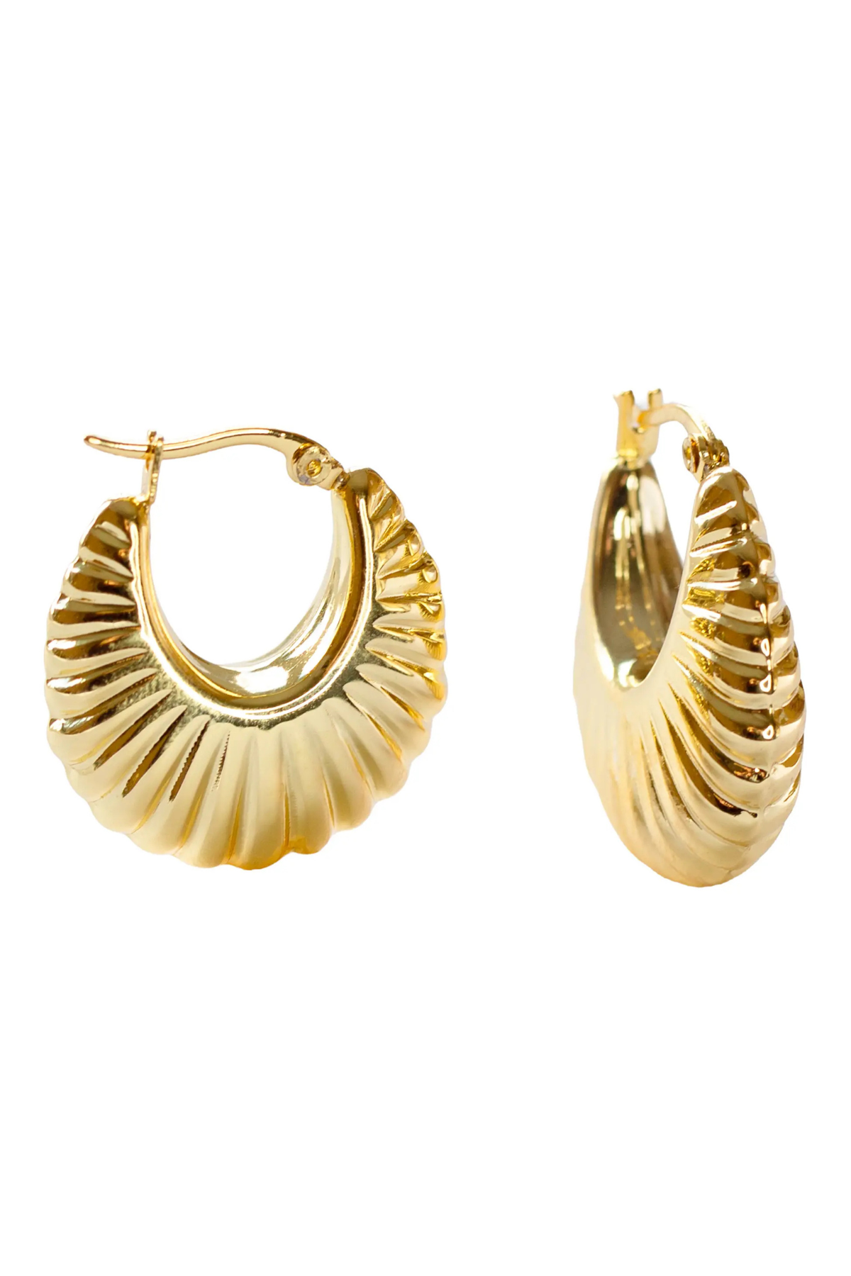 A pair of gold-toned textured hoop earrings with a ribbed, scalloped design, shown on a plain white background.