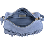 A dusty blue suede crossbody bag with gold-tone hardware and fringe detailing along the bottom edge, shown open against a plain white background.