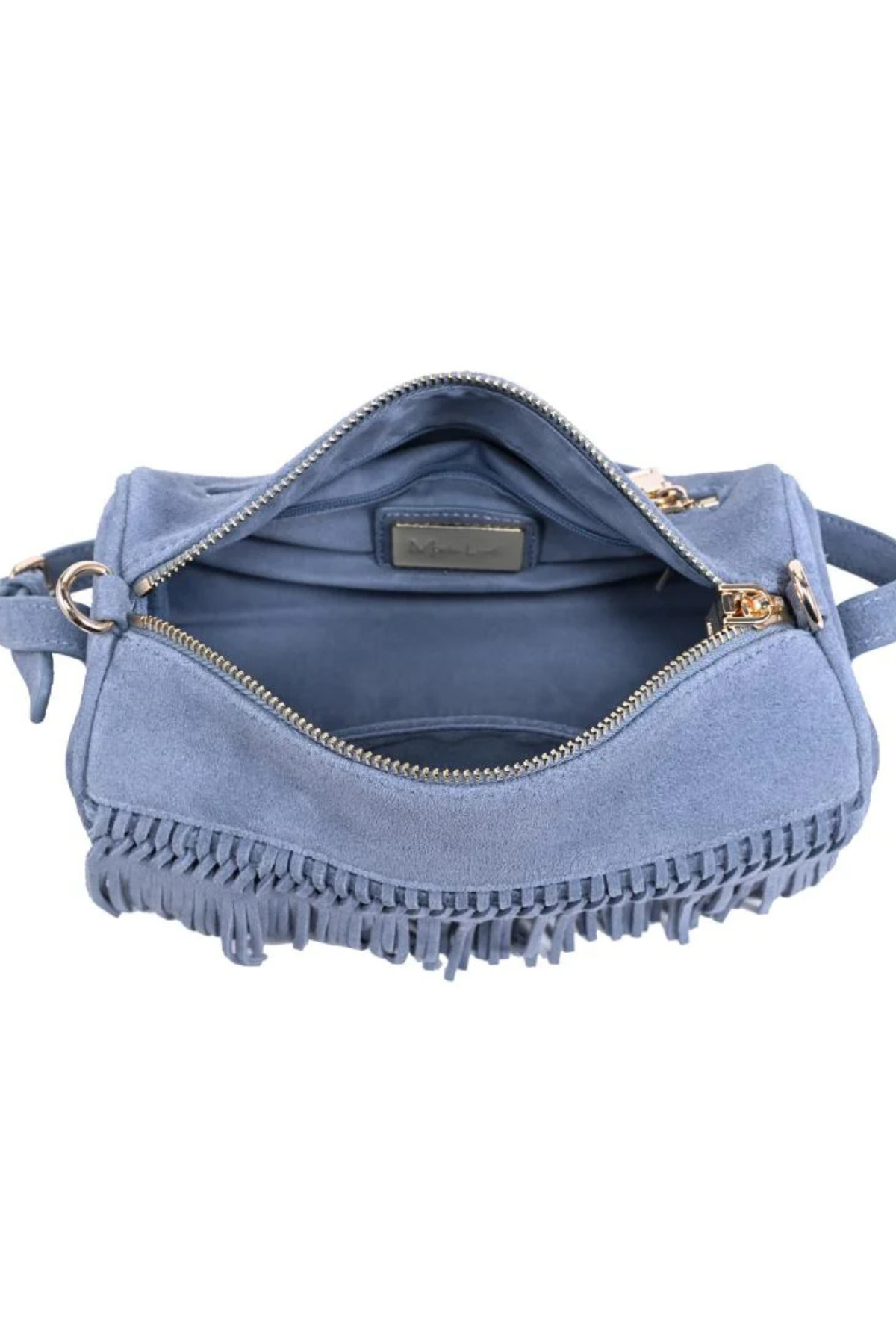 A dusty blue suede crossbody bag with gold-tone hardware and fringe detailing along the bottom edge, shown open against a plain white background.