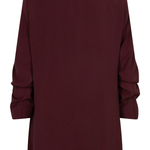 A dark burgundy longline blazer shown from the back, featuring a clean collar, long sleeves with gathered cuffs, and a straight silhouette, set against a plain white background.