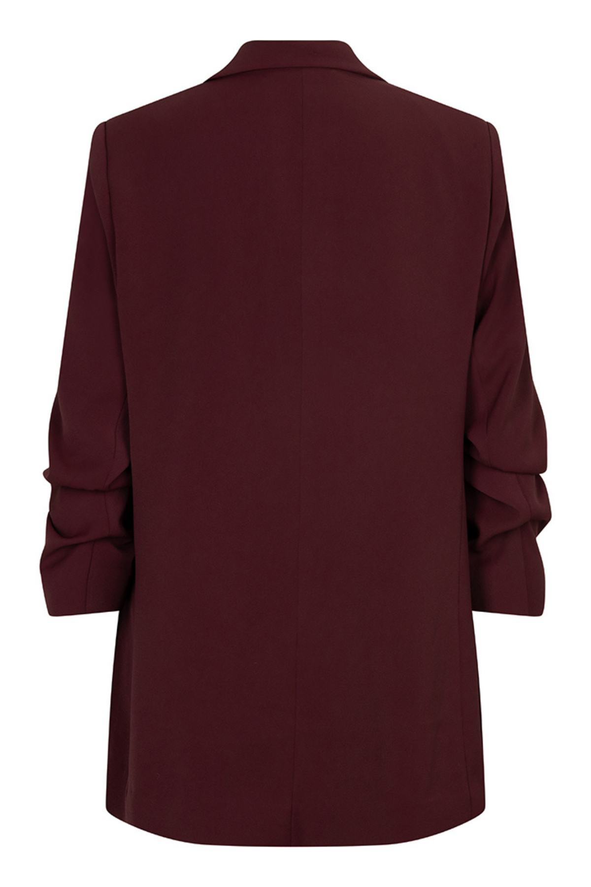 A dark burgundy longline blazer shown from the back, featuring a clean collar, long sleeves with gathered cuffs, and a straight silhouette, set against a plain white background.
