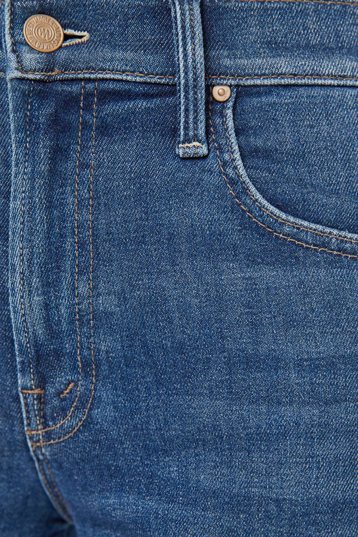 Close-up of blue denim jeans with a button and zipper detail.