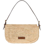 Beige straw handbag with brown leather accents on a white background
