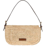 Beige straw handbag with brown leather accents on a white background