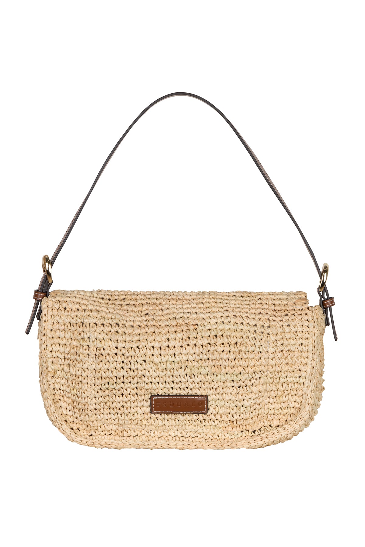 Beige straw handbag with brown leather accents on a white background