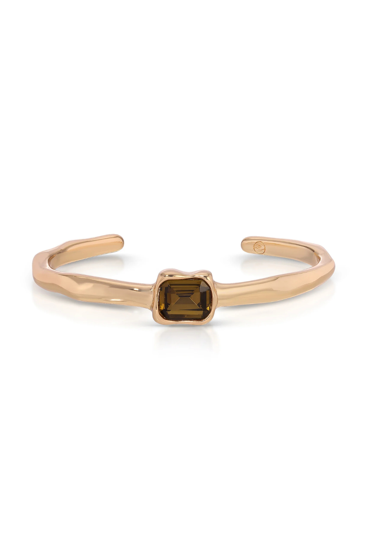 A slim, open cuff bracelet in polished rose gold with a central square-cut smoky brown gemstone, shown on a clean white background.