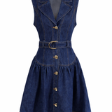 Denim dress with buttons and a belt on a white background