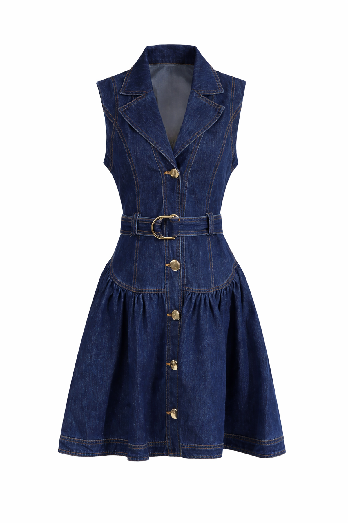 Denim dress with buttons and a belt on a white background